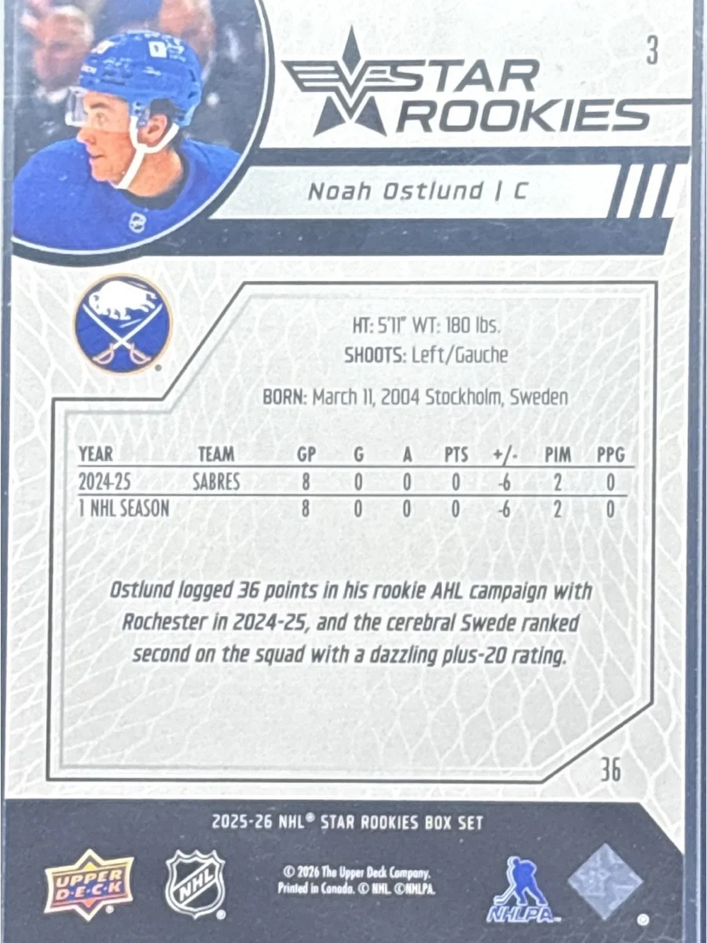 Upper Deck Noah Ostlund Rookie Hockey Card